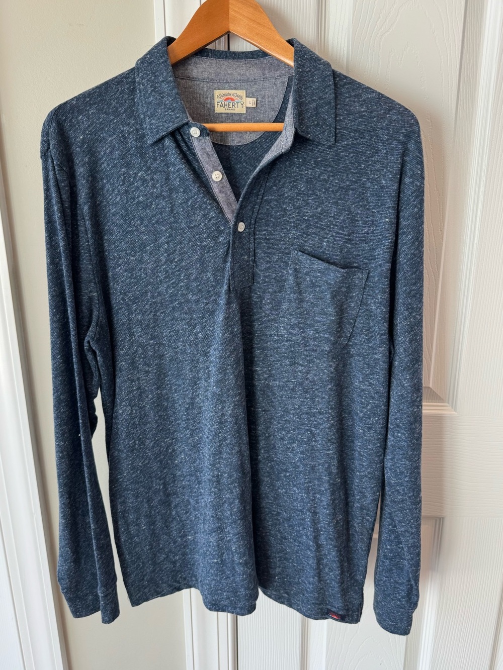 Faherty Brand Long Sleeve Pocket Polo Shirt Mens Medium Heathered Blue Sz L EUC